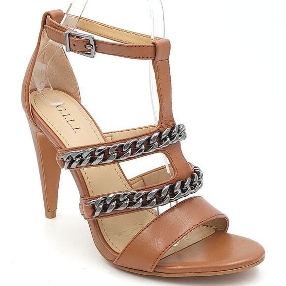 G.I.L.I. Women T-Strap Sandals with Chain Detail Nylah Size US 6M Tan Leather - Picture 1 of 6